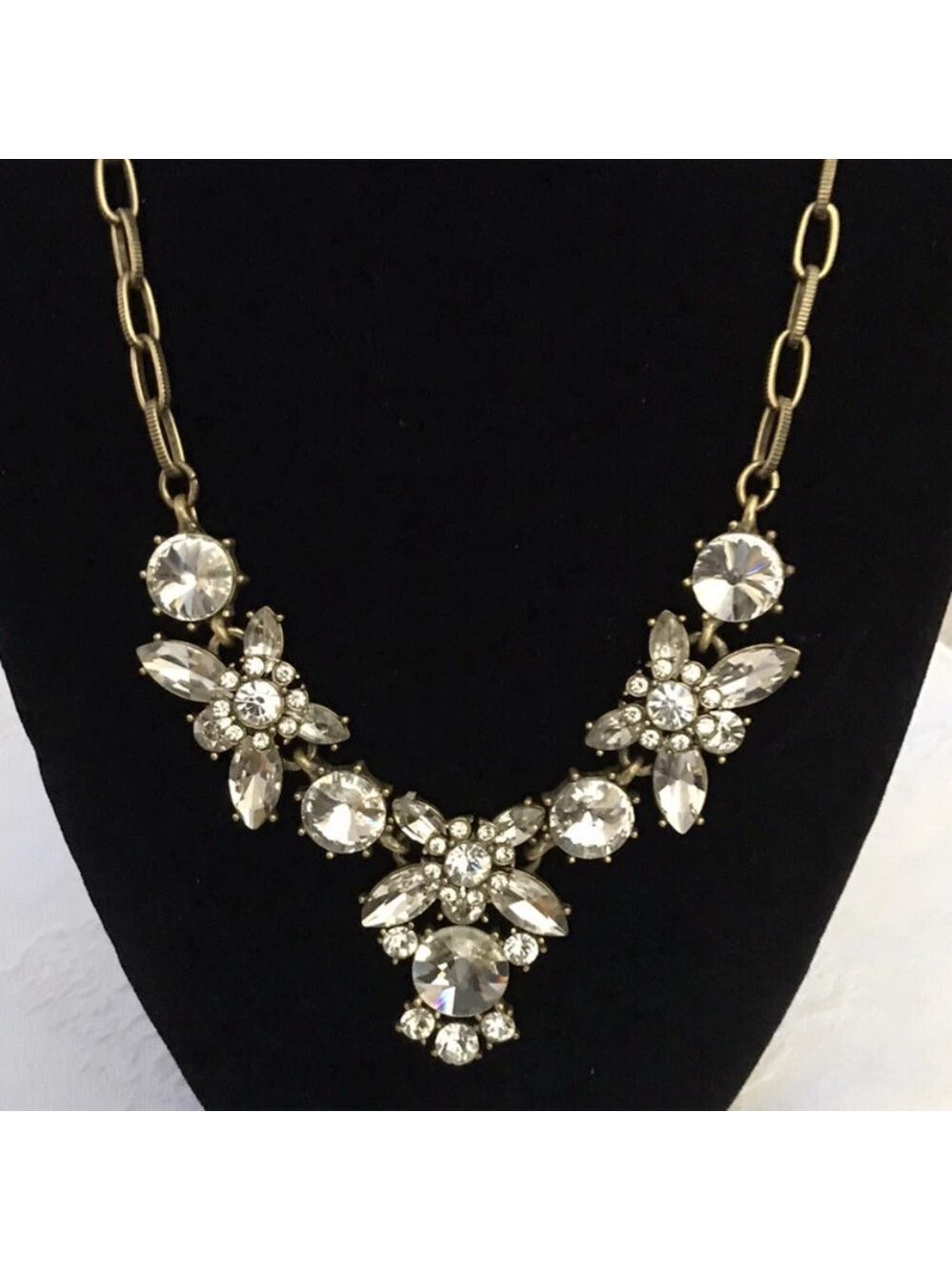 J. Crew Antique Gold Tone Brilliant Faceted Clear Rhinestone Statement Necklace